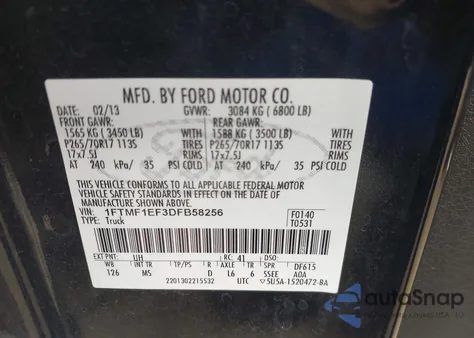 2013 Ford F-150 Xlt из США, поврежденный, VIN 1FTMF1EF3DFB58256